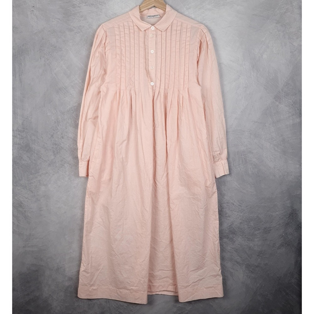 Marimekko Shirt Dress Womens Medium Peach Striped Cotton Pintuck Midi Finland